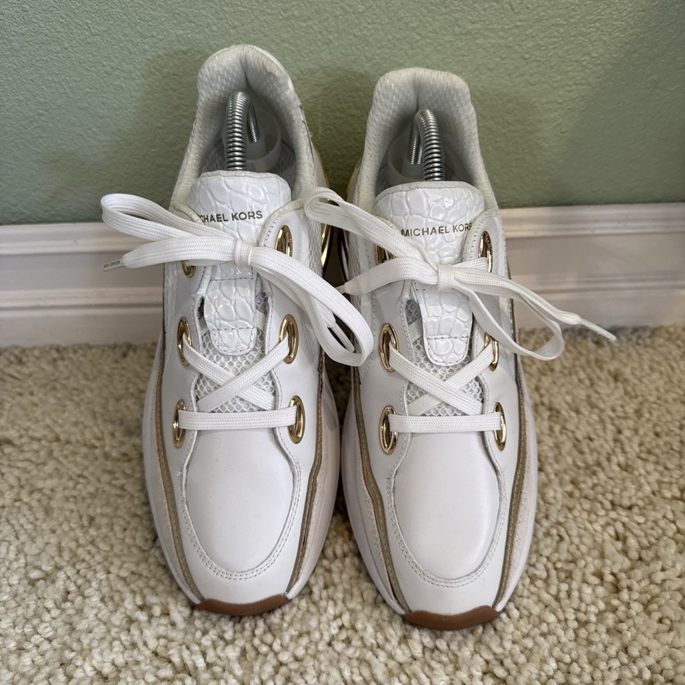Michael Kors Toni Trainer White Gold Women's Athletic Sneakers 9 Designer Bling